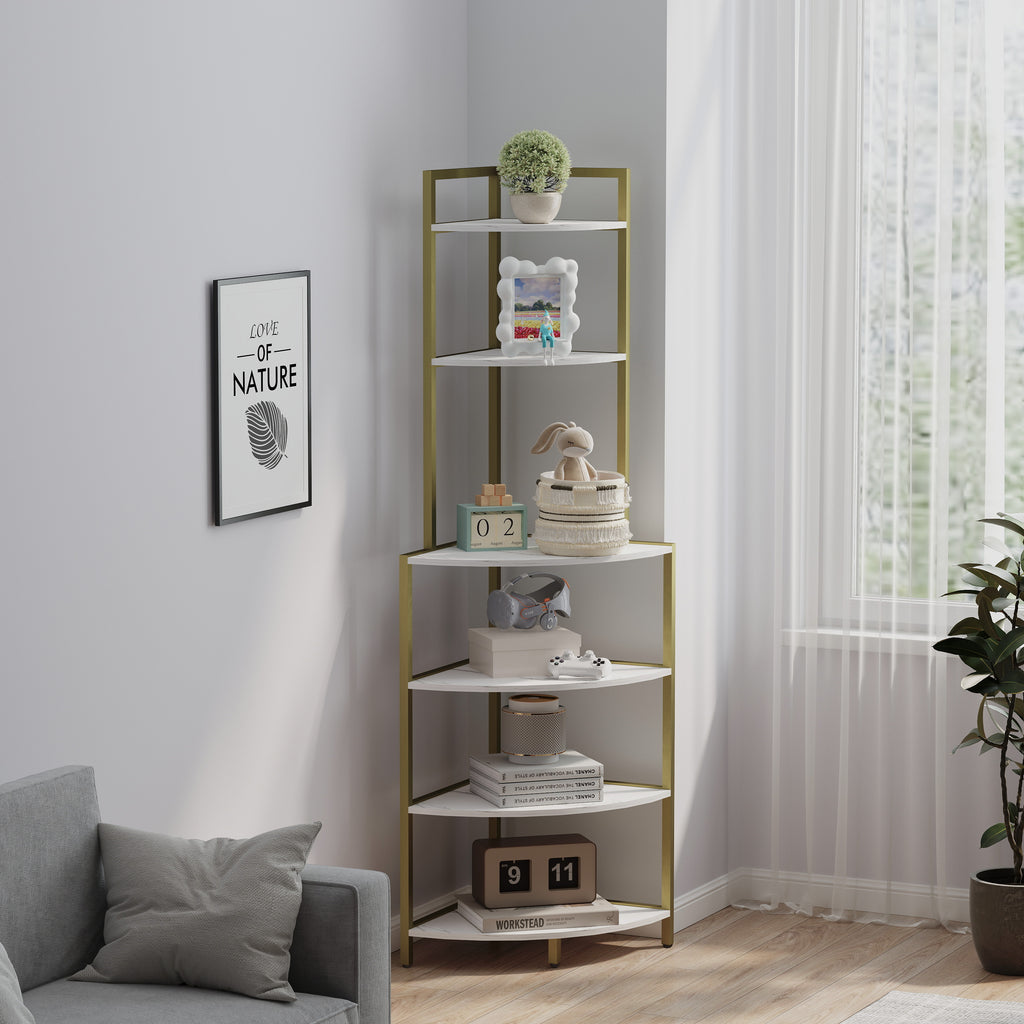 6-Tier Corner Bookshelf Wooden- Gold & White