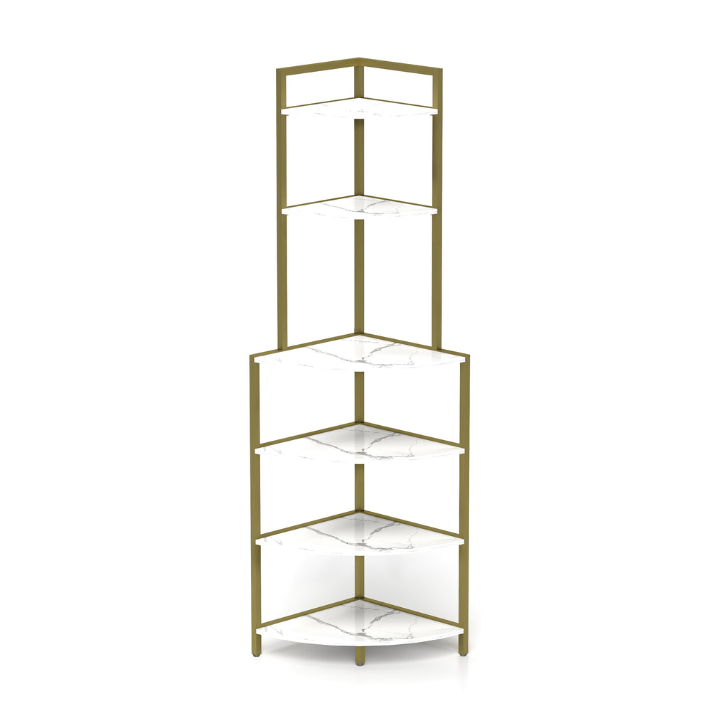 6-Tier Corner Bookshelf Wooden- Gold & White