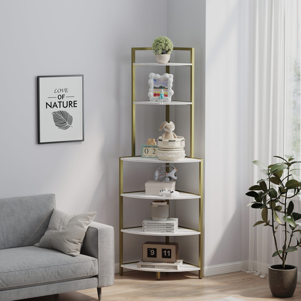 6-Tier Corner Bookshelf Wooden- Gold & White