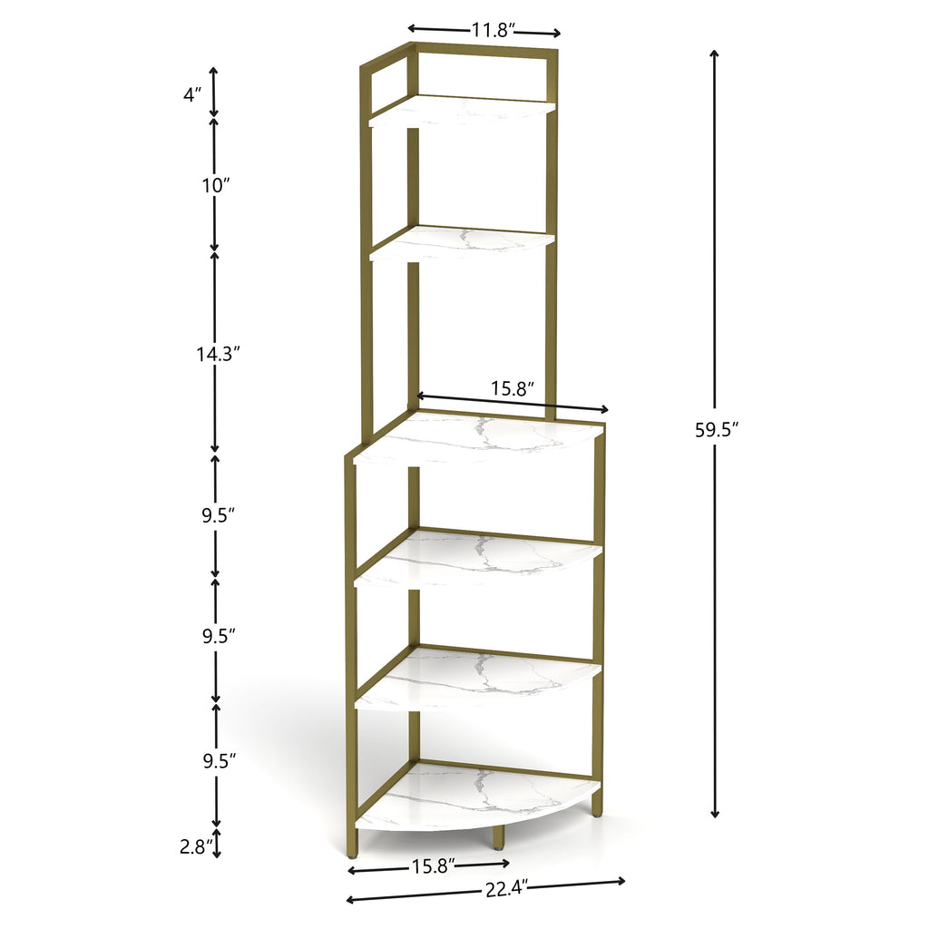 6-Tier Corner Bookshelf Wooden- Gold & White