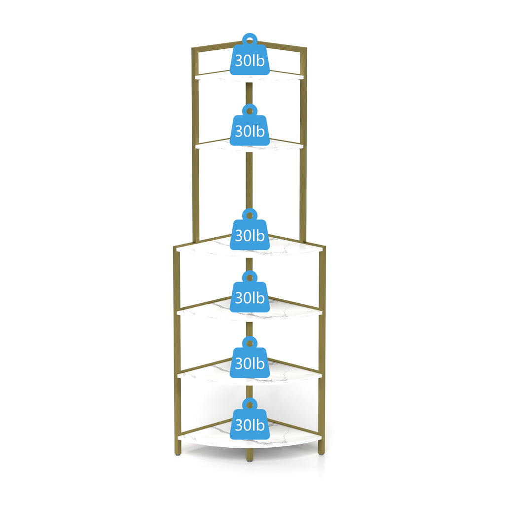 6-Tier Corner Bookshelf Wooden- Gold & White